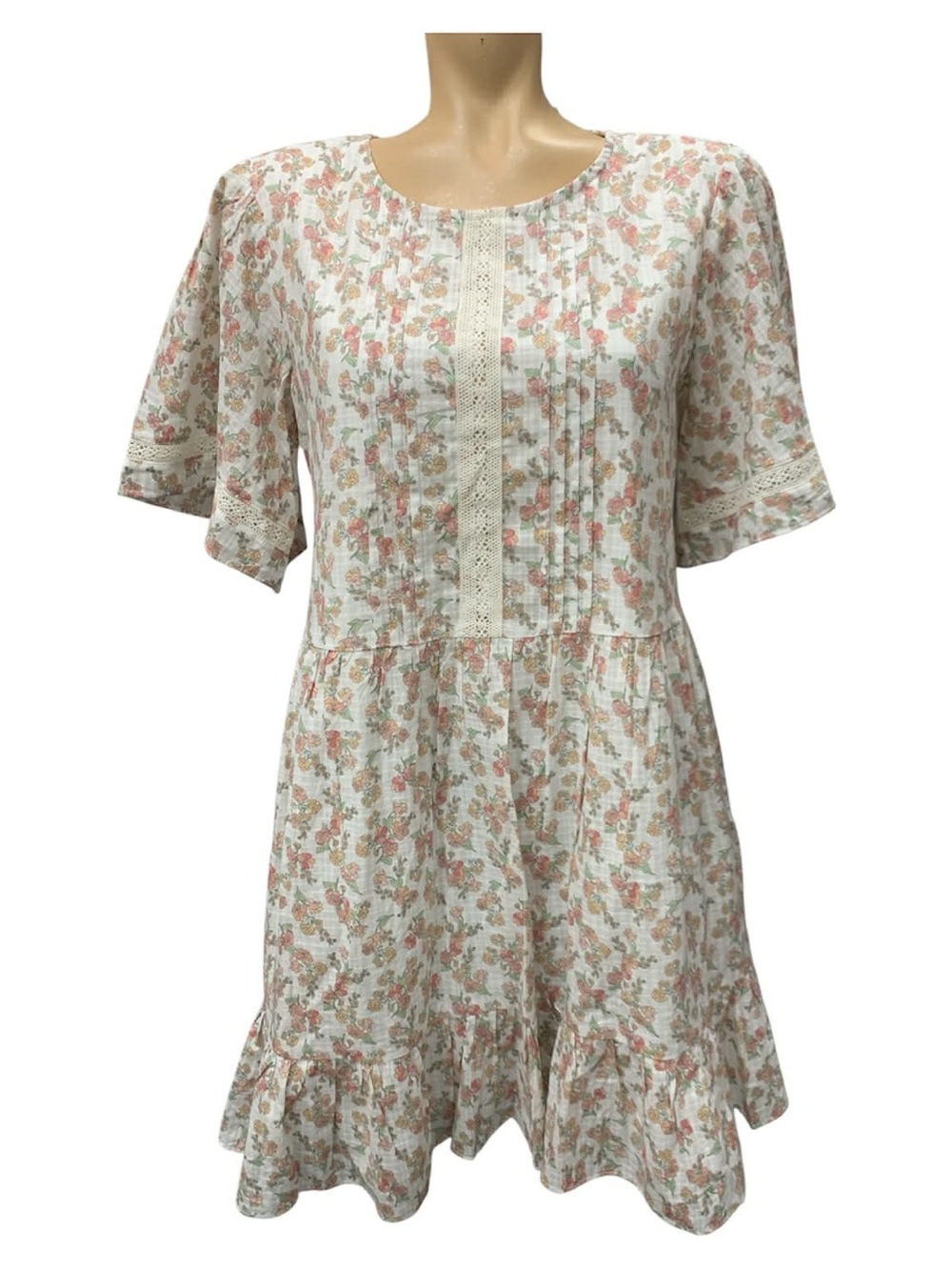 Jillian Harris Floral Pintuck Ruffle Hem Dress - Cream & Coral Size S